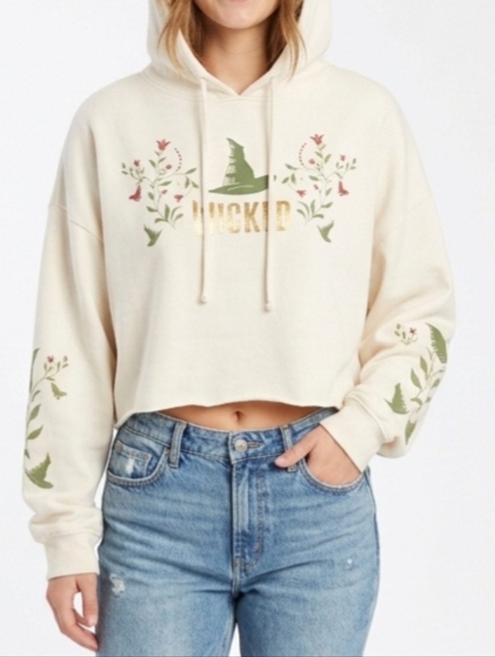 Wicked Movie Official Crop Hoodie Floral Witch Hat Gold Logo Cream XL